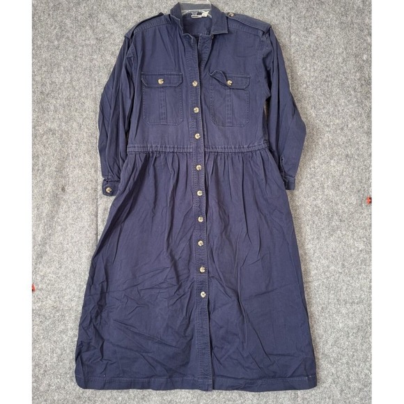 Vintage 90s Collared Button Down Shirt Dress Womens 16 Blue Flap Pockets Maxi - Picture 1 of 12